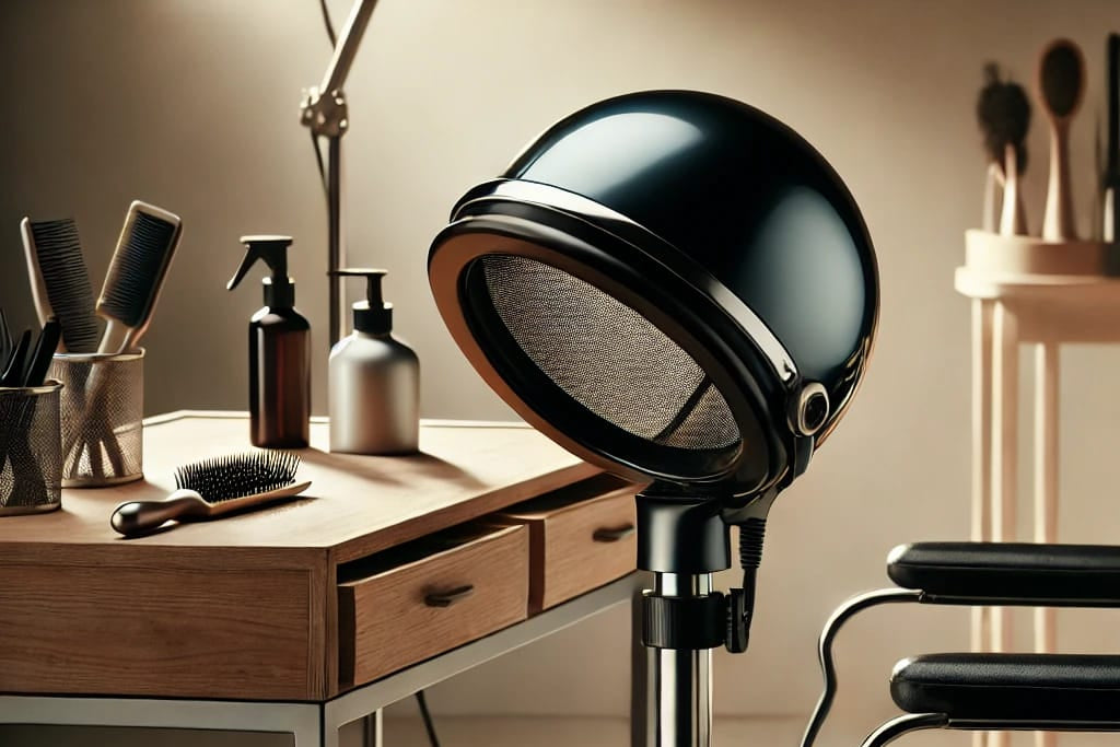 casque de coiffeur avec different élément de coiffure